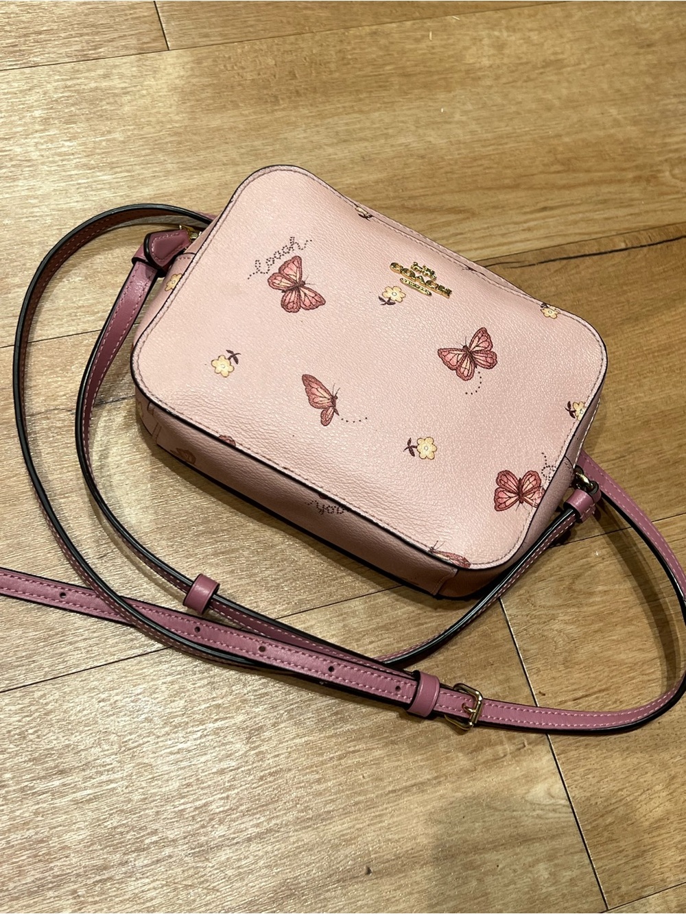 Coach Pink Butterfly Print Crossbody Bag with Floral Accents